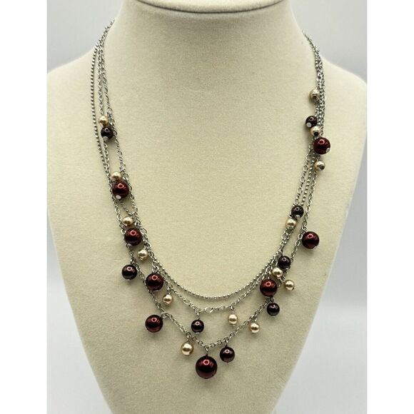 Premier Designs Layered Maroon Cream Faux Station Pearls Silver Tone Necklace - Picture 1 of 9